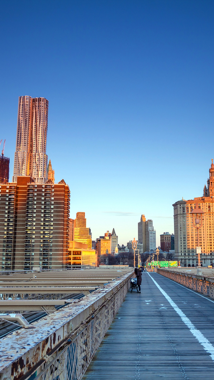 Обои Нью-Йорк, Нижний Манхэттен, Бруклинский мост, городской пейзаж, город в разрешении 750x1334