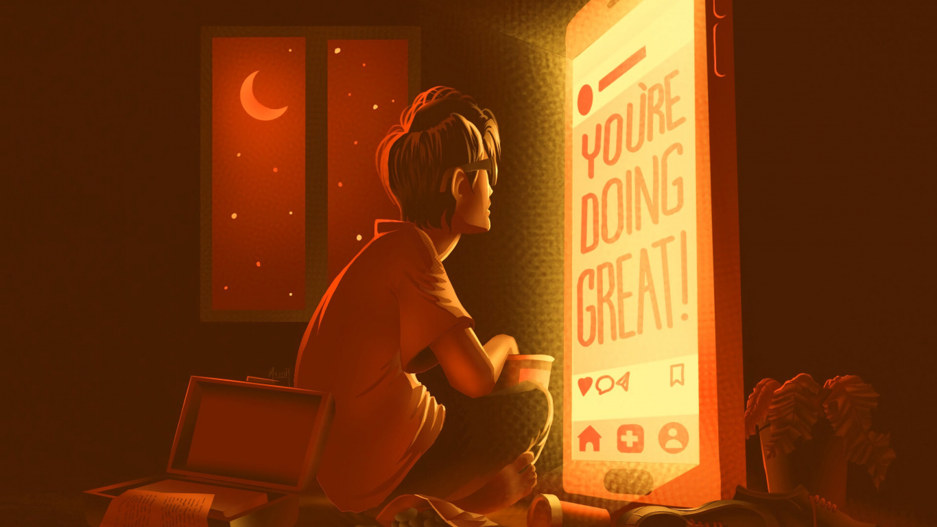 Обои иллюстрация, арт, освещение, анимация, сидящий в разрешении 1366x768