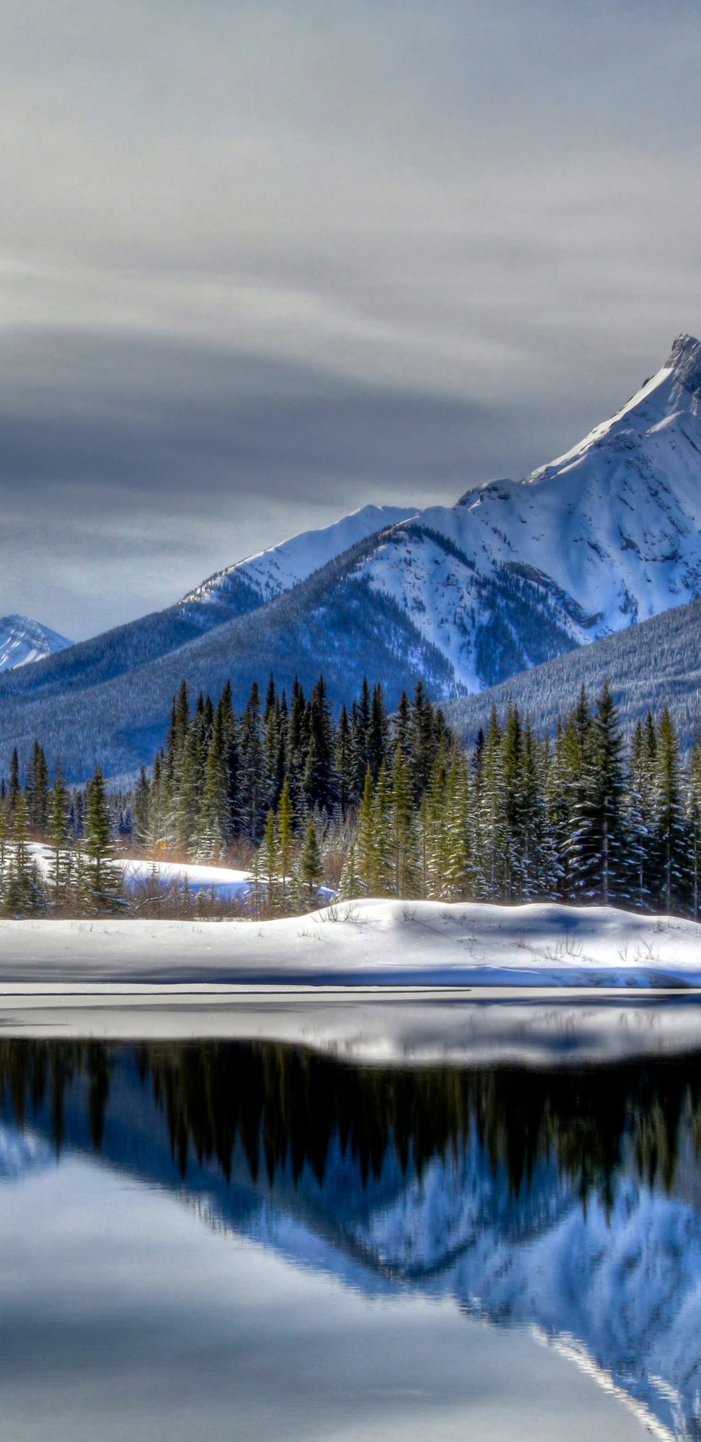 Обои природа, снег, гора, отражение, зима в разрешении 1440x2960
