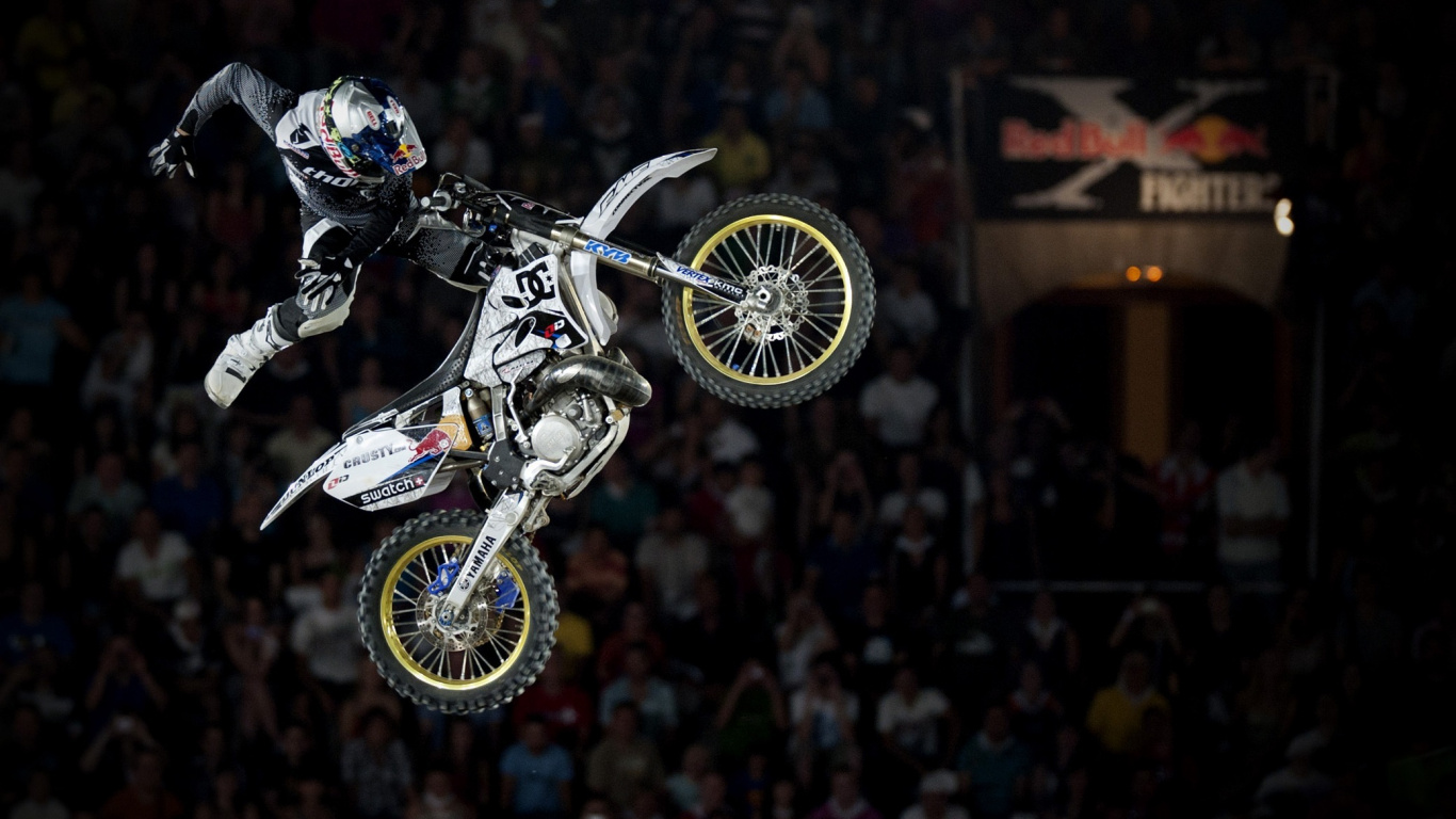 Обои Фристайл мотокросс, мотокросс, мотоцикл, трюк, гонки на мотоциклах в разрешении 1366x768