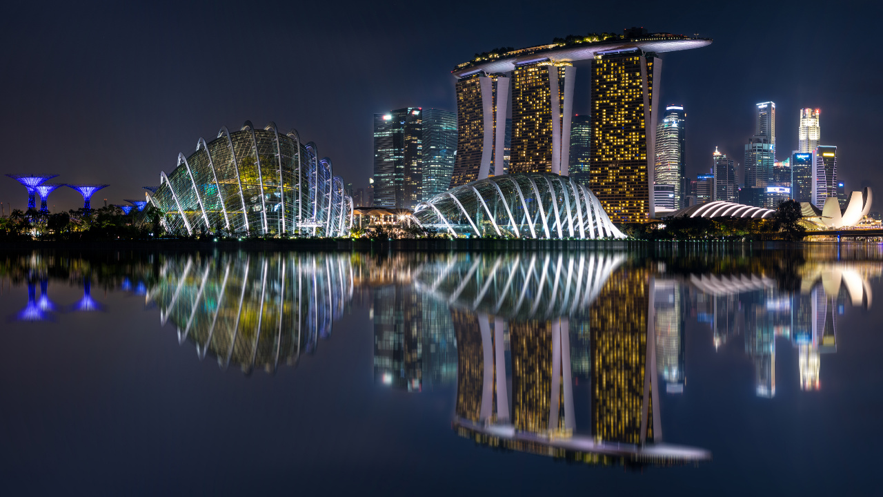 Обои Марина Бэй Сэндс Сингапур, городской пейзаж, город, отражение, метрополия в разрешении 1280x720