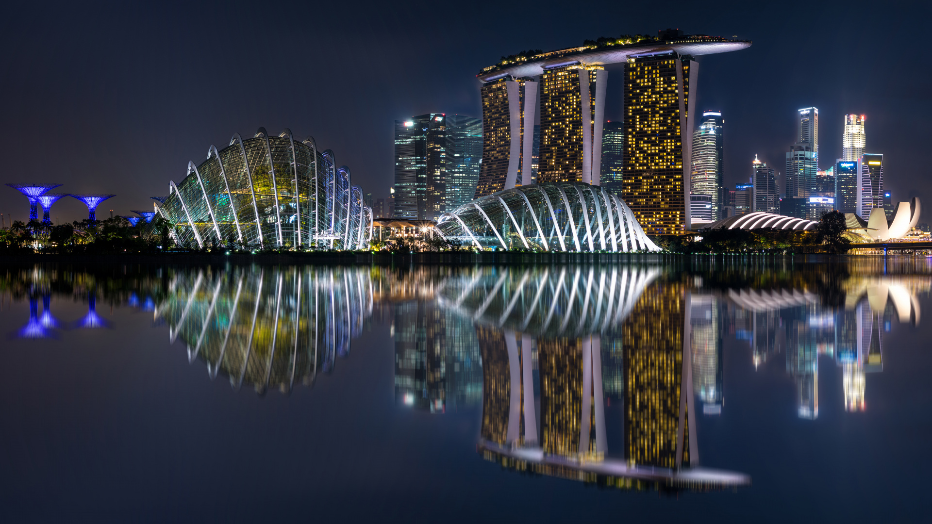 Обои Марина Бэй Сэндс Сингапур, городской пейзаж, город, отражение, метрополия в разрешении 1920x1080