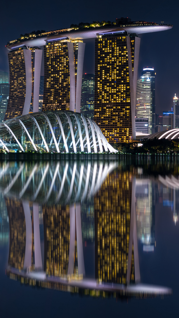 Обои Марина Бэй Сэндс Сингапур, городской пейзаж, город, отражение, метрополия в разрешении 750x1334