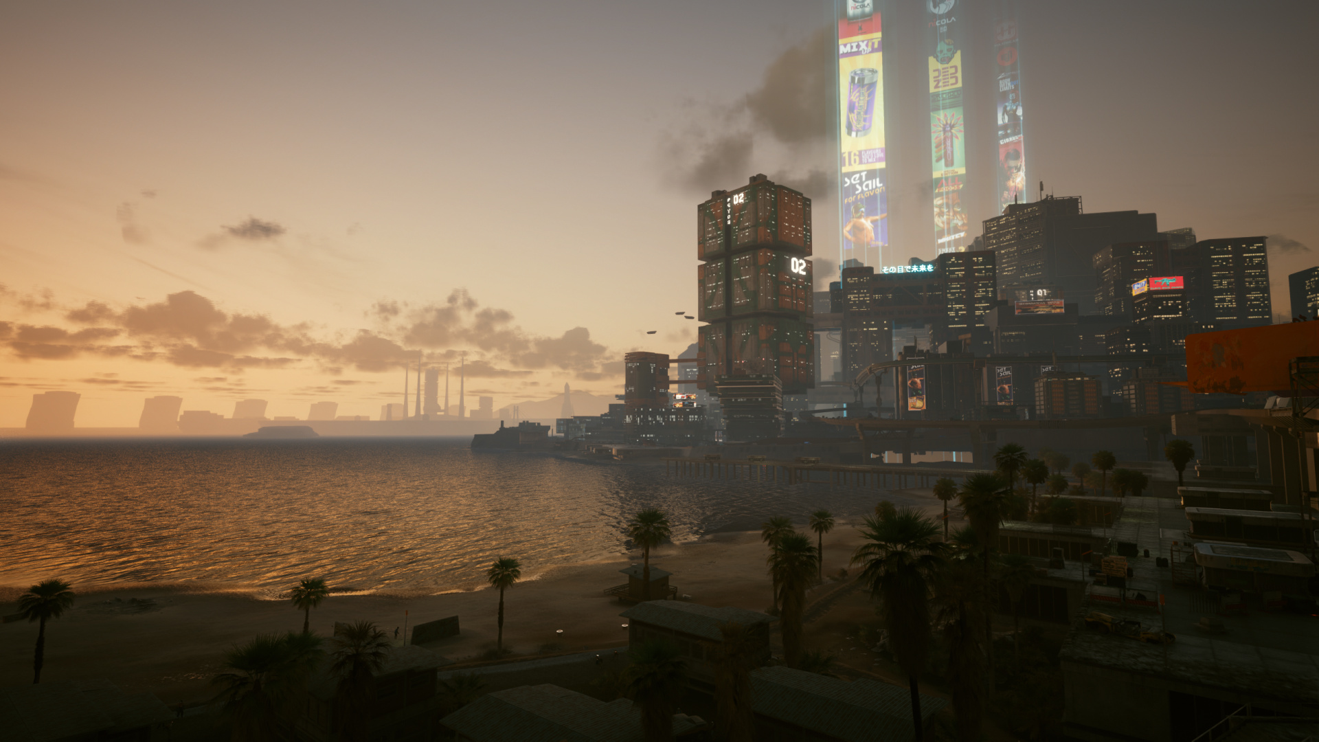 Обои Киберпанк, Киберпанк 2077, Киберпанк 2020, линия горизонта, вода в разрешении 1920x1080