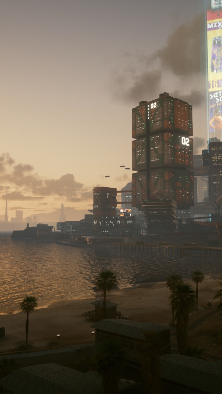 Обои Киберпанк, Киберпанк 2077, Киберпанк 2020, линия горизонта, вода в разрешении 720x1280