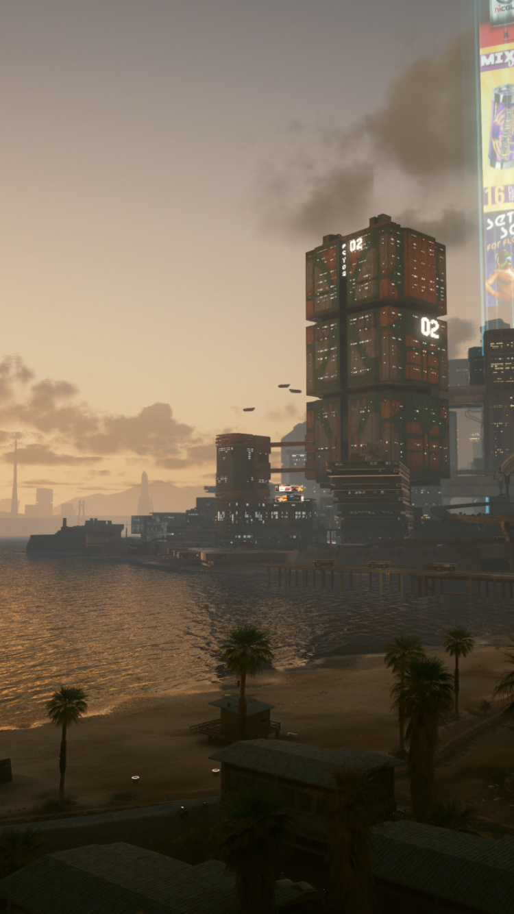 Обои Киберпанк, Киберпанк 2077, Киберпанк 2020, линия горизонта, вода в разрешении 750x1334