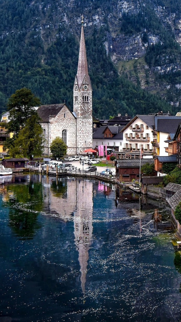 Обои туризм, горная деревня, городок, деревня, отражение в разрешении 720x1280