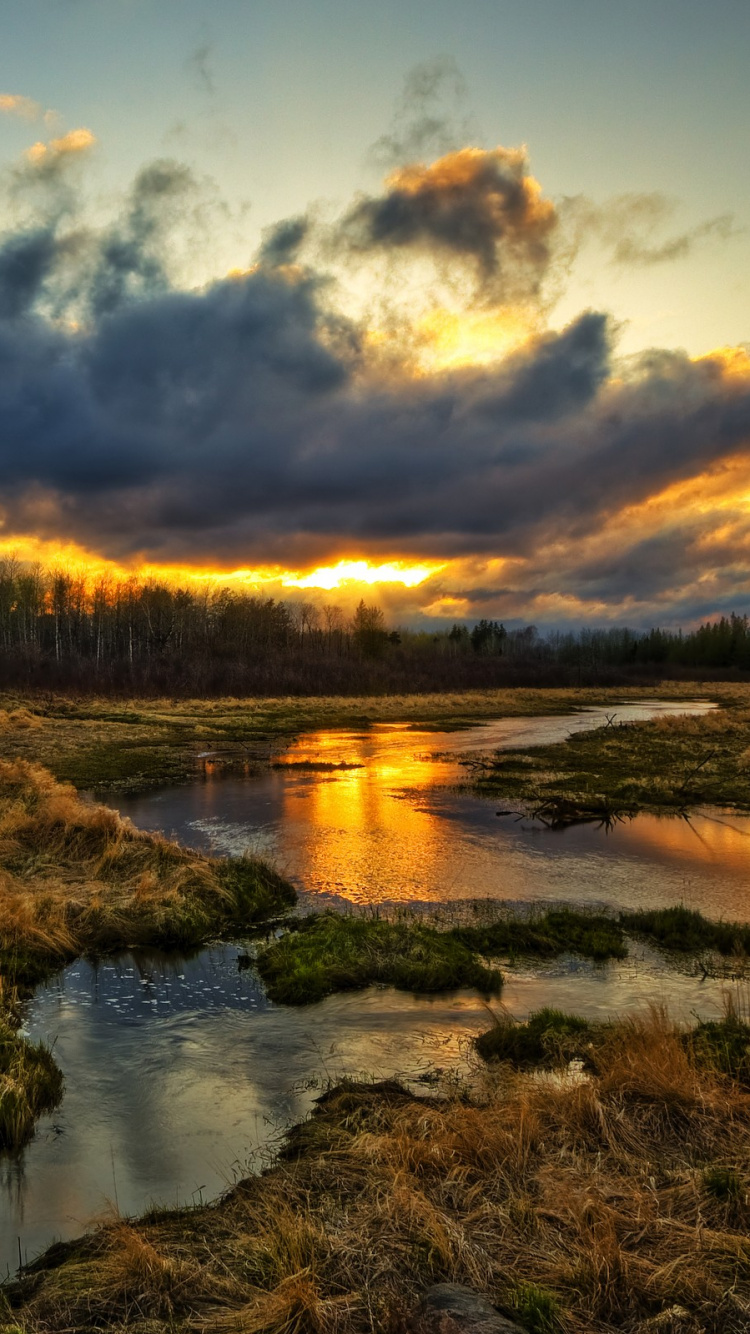 Обои природа, отражение, вода, закат, реки в разрешении 750x1334