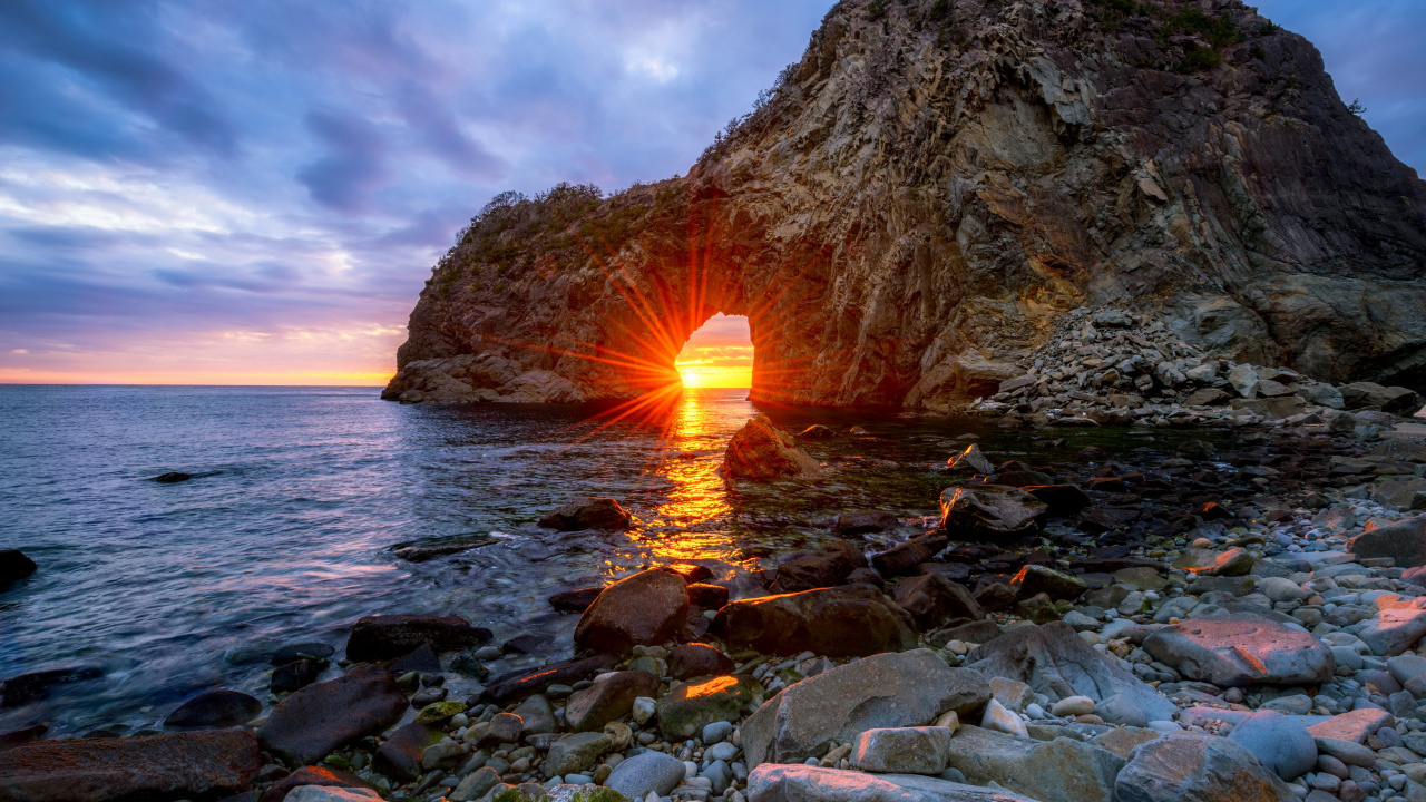 Обои закат, восход солнца, гора, рок, море в разрешении 1280x720