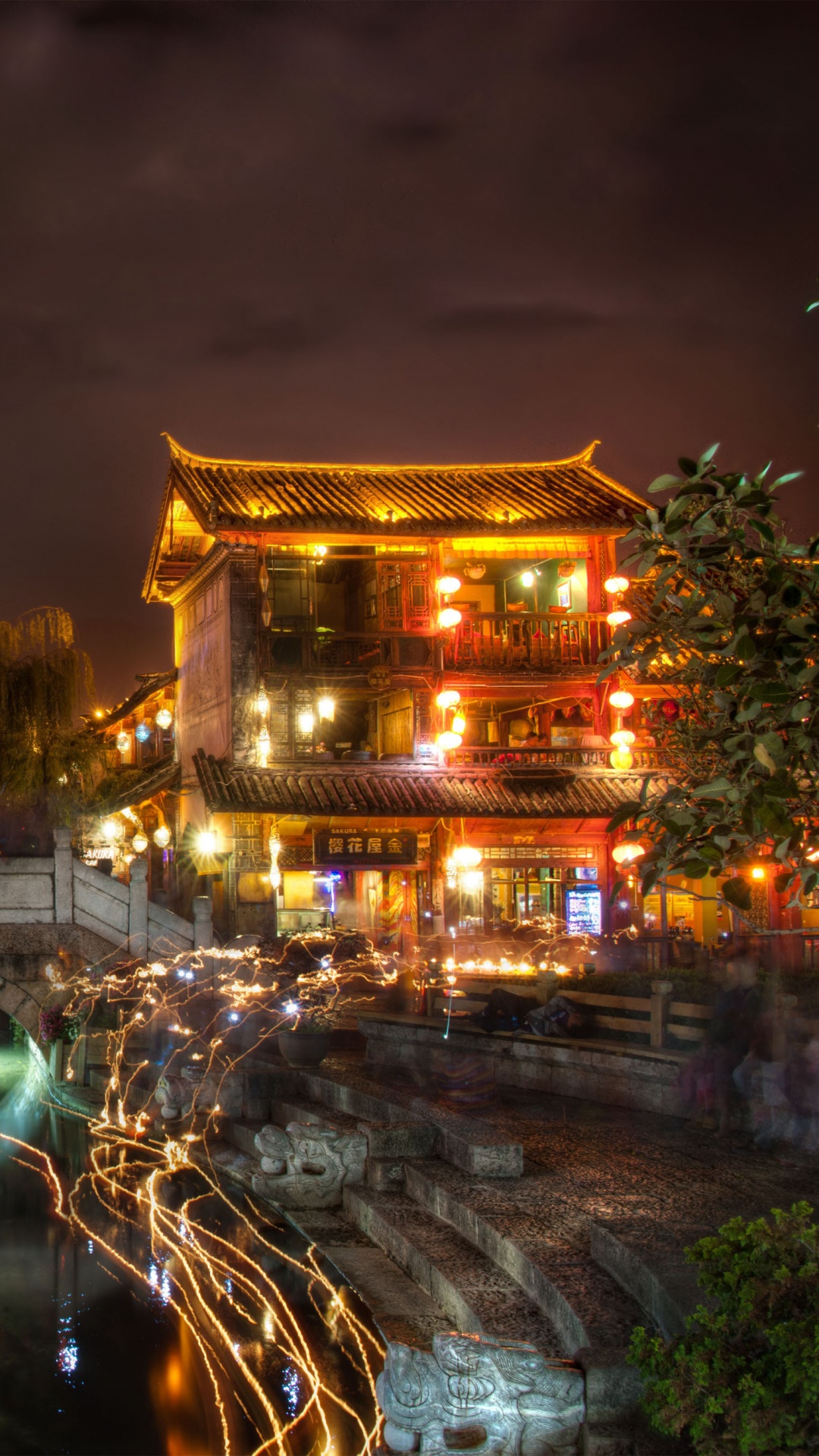 Обои Лиджанга, город, ночь, отражение, городок в разрешении 1080x1920