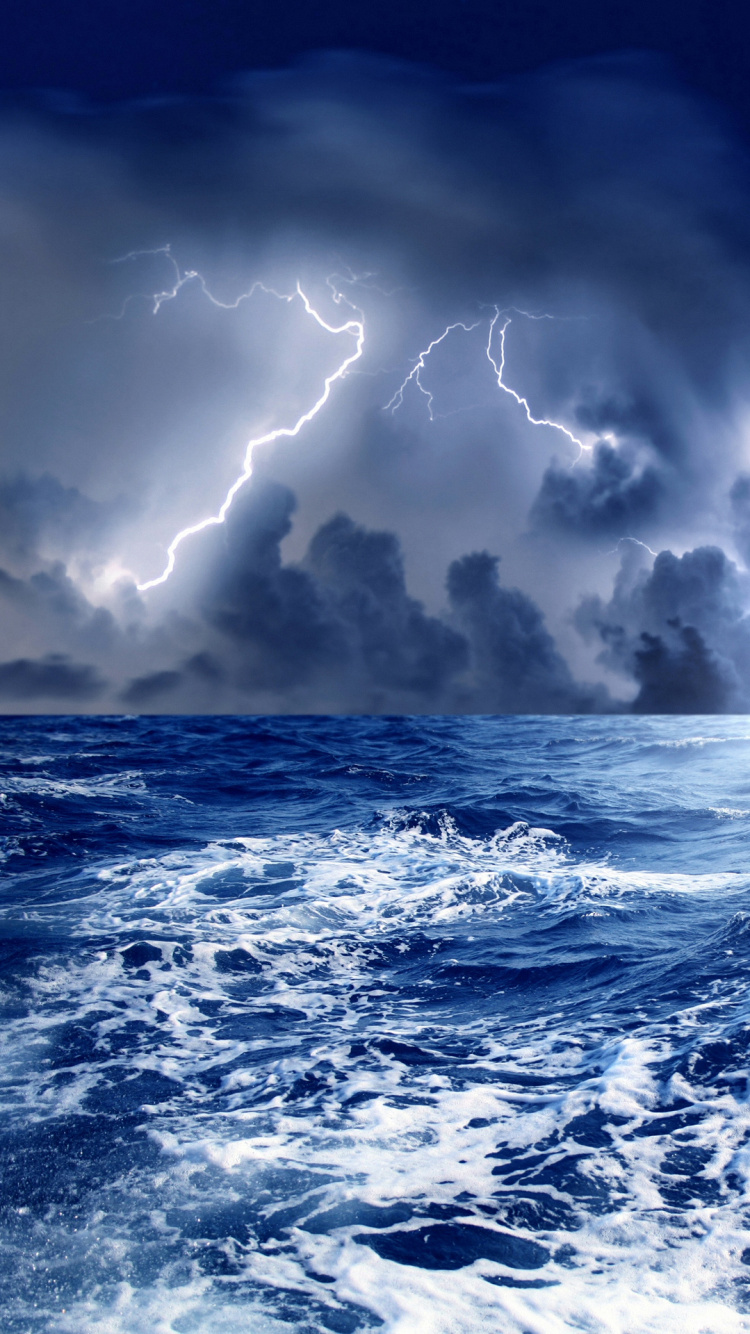 Обои буря, облако, молния, море, Гроза в разрешении 750x1334