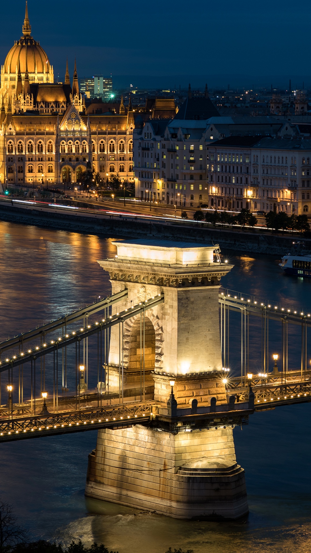 Обои Здание Венгерского Парламента, ночь, ориентир, отражение, мост в разрешении 1080x1920