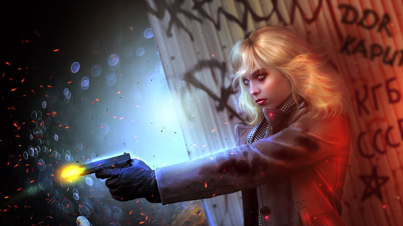 Обои Шарлиз Терон, Атомная Блондинка, Лорейн Бротон, арт, свет в разрешении 1366x768