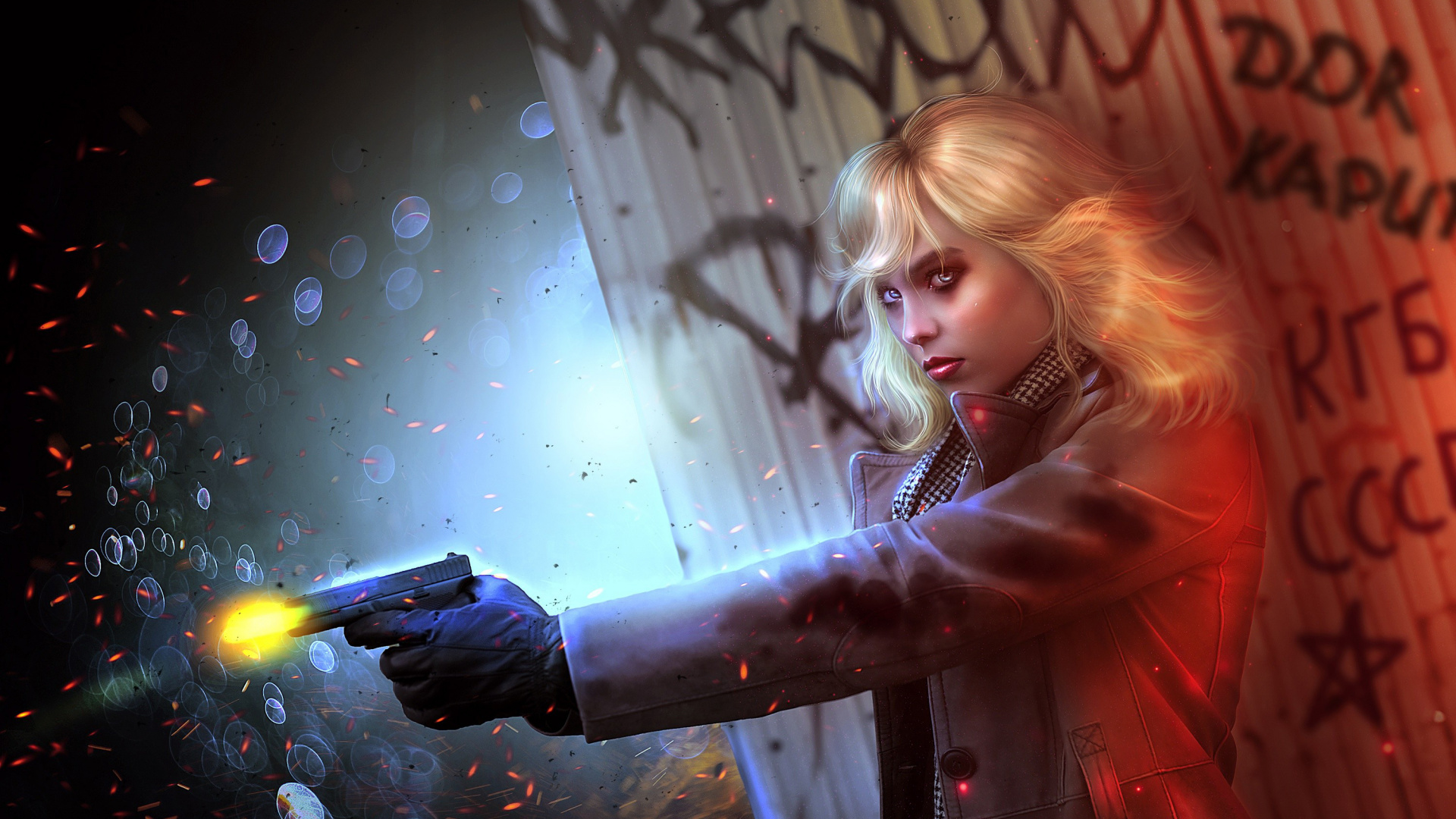 Обои Шарлиз Терон, Атомная Блондинка, Лорейн Бротон, арт, свет в разрешении 1920x1080