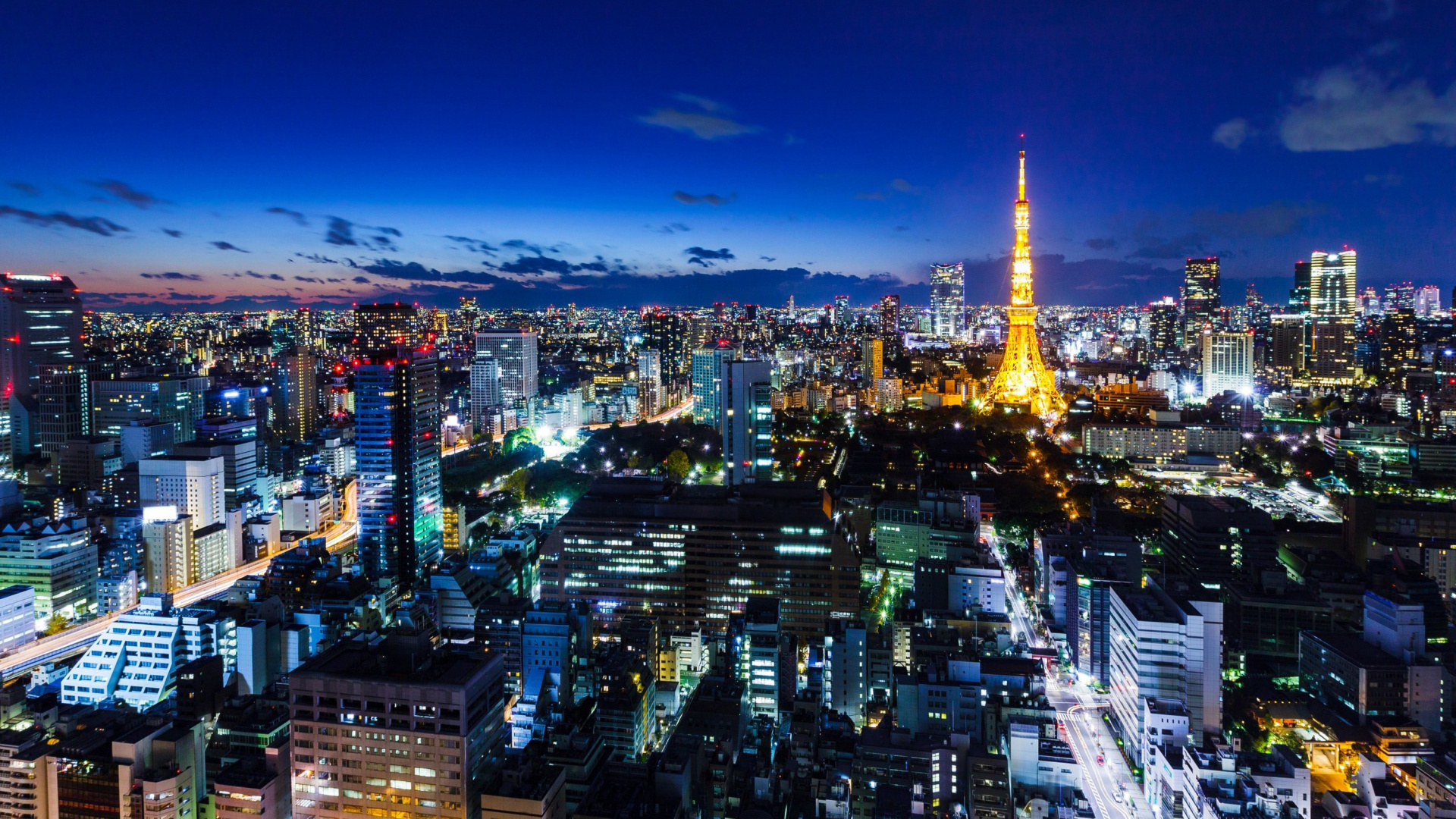 Обои Токио панорама, токийская башня, город, городской пейзаж, городской район в разрешении 1920x1080