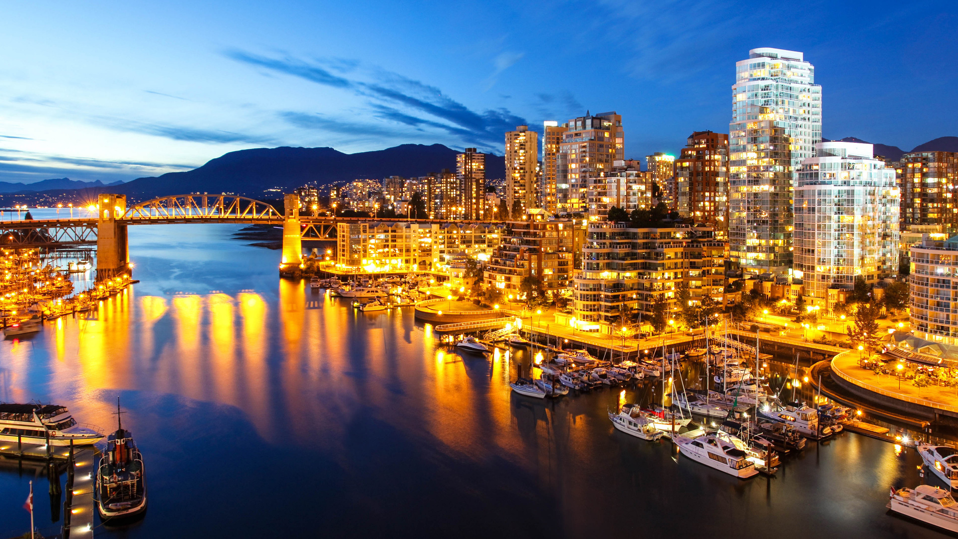 Обои Ванкувер, городской пейзаж, отражение, город, ночь в разрешении 1920x1080