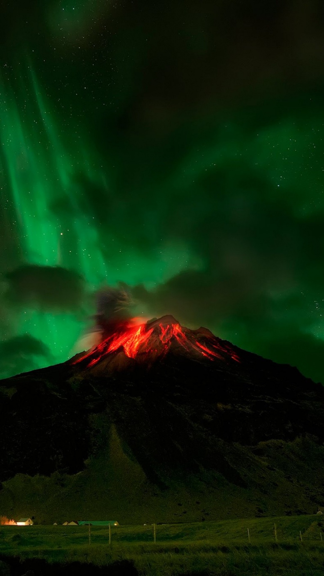 Обои вулкан, Аврора, природа, зеленый, вулканического рельефа в разрешении 1080x1920