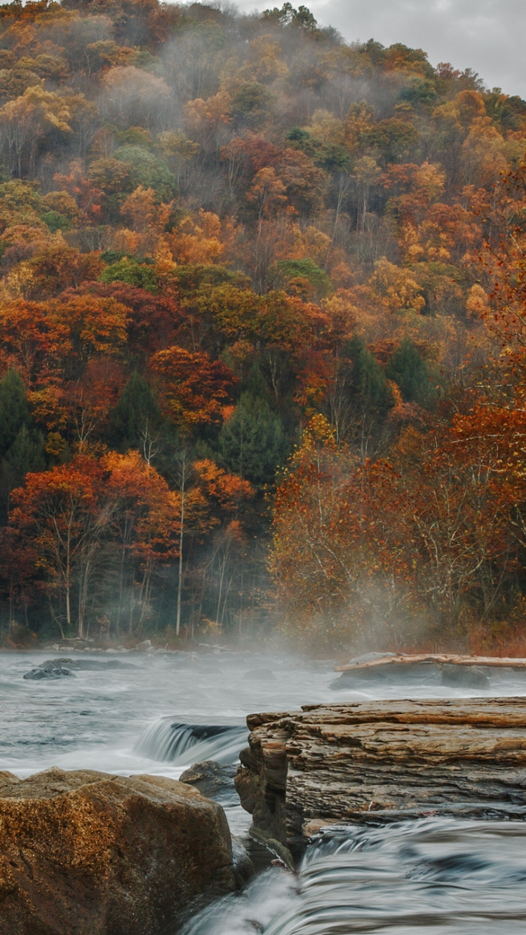Обои гора, осень, водопад, водоем, природа в разрешении 750x1334