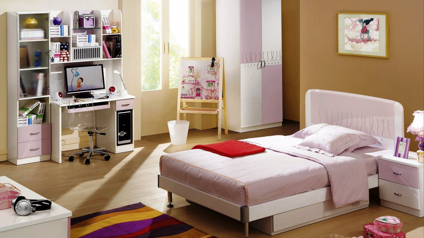 Обои спальня, мебель, комната, дизайн, простыня в разрешении 1366x768