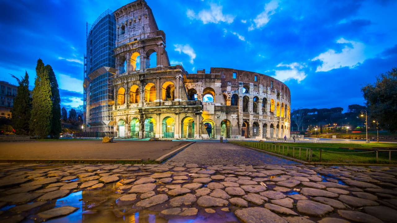 Обои ориентир, здание, ночь, город, средневековая архитектура в разрешении 1280x720