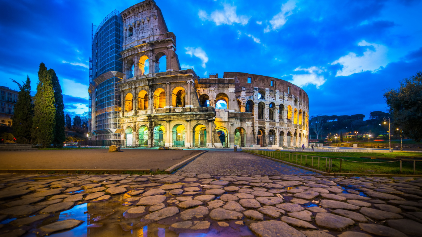 Обои ориентир, здание, ночь, город, средневековая архитектура в разрешении 1366x768