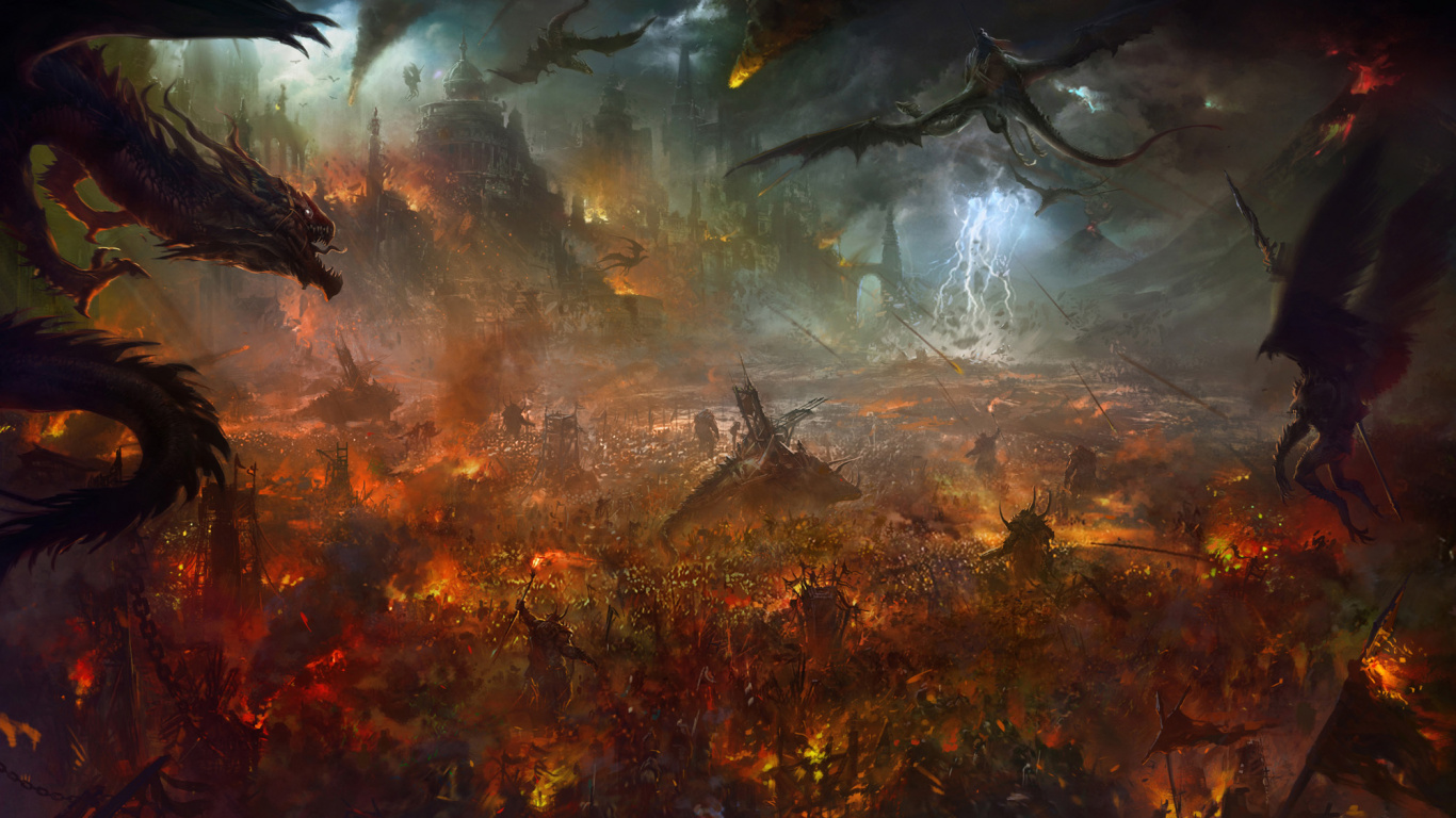 Обои фэнтези, арт, пожар, живопись, темнота в разрешении 1366x768