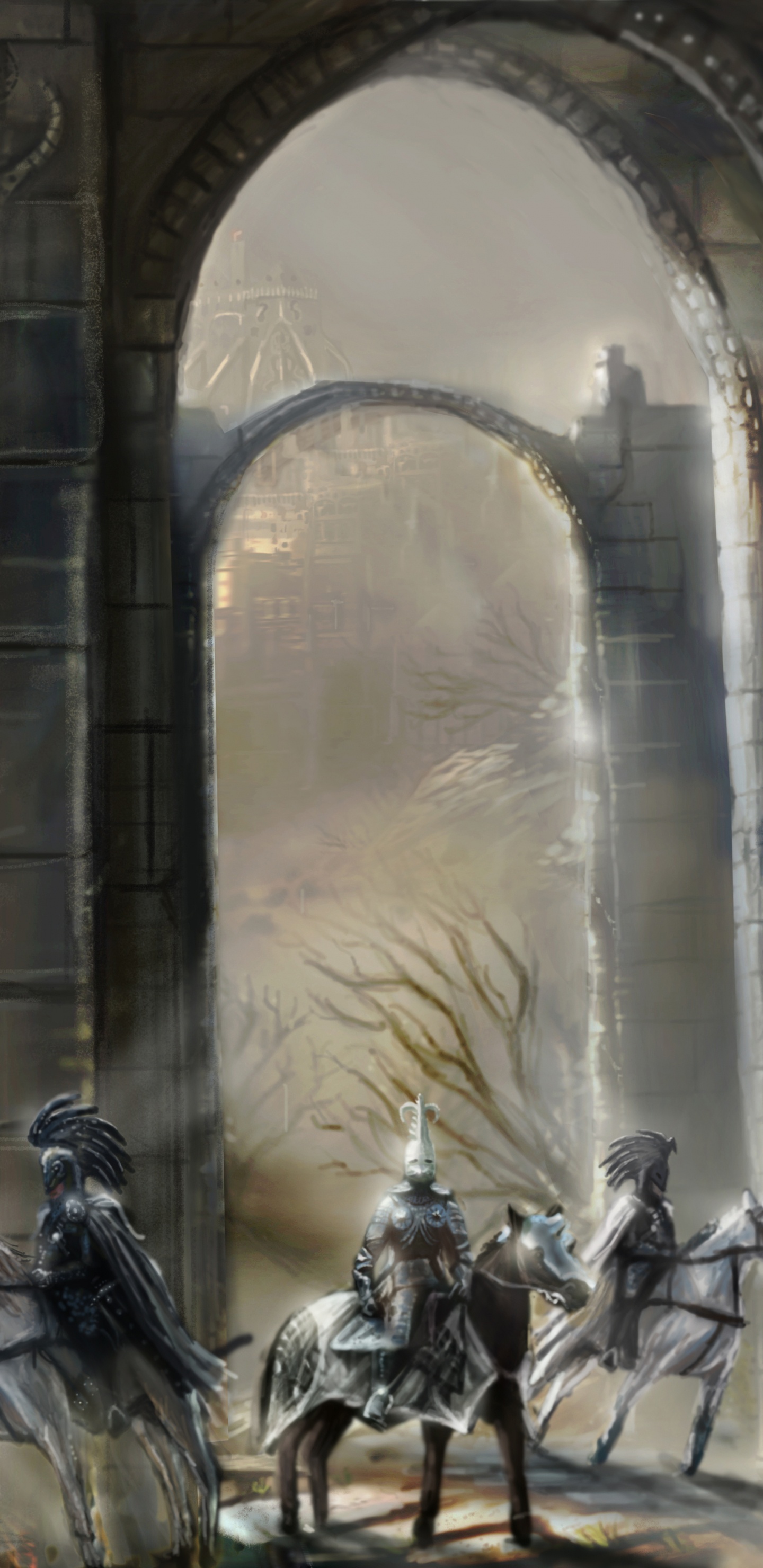 Обои фэнтези, рыцарь, спекулятивная фантастика, святое место, арка в разрешении 1440x2960