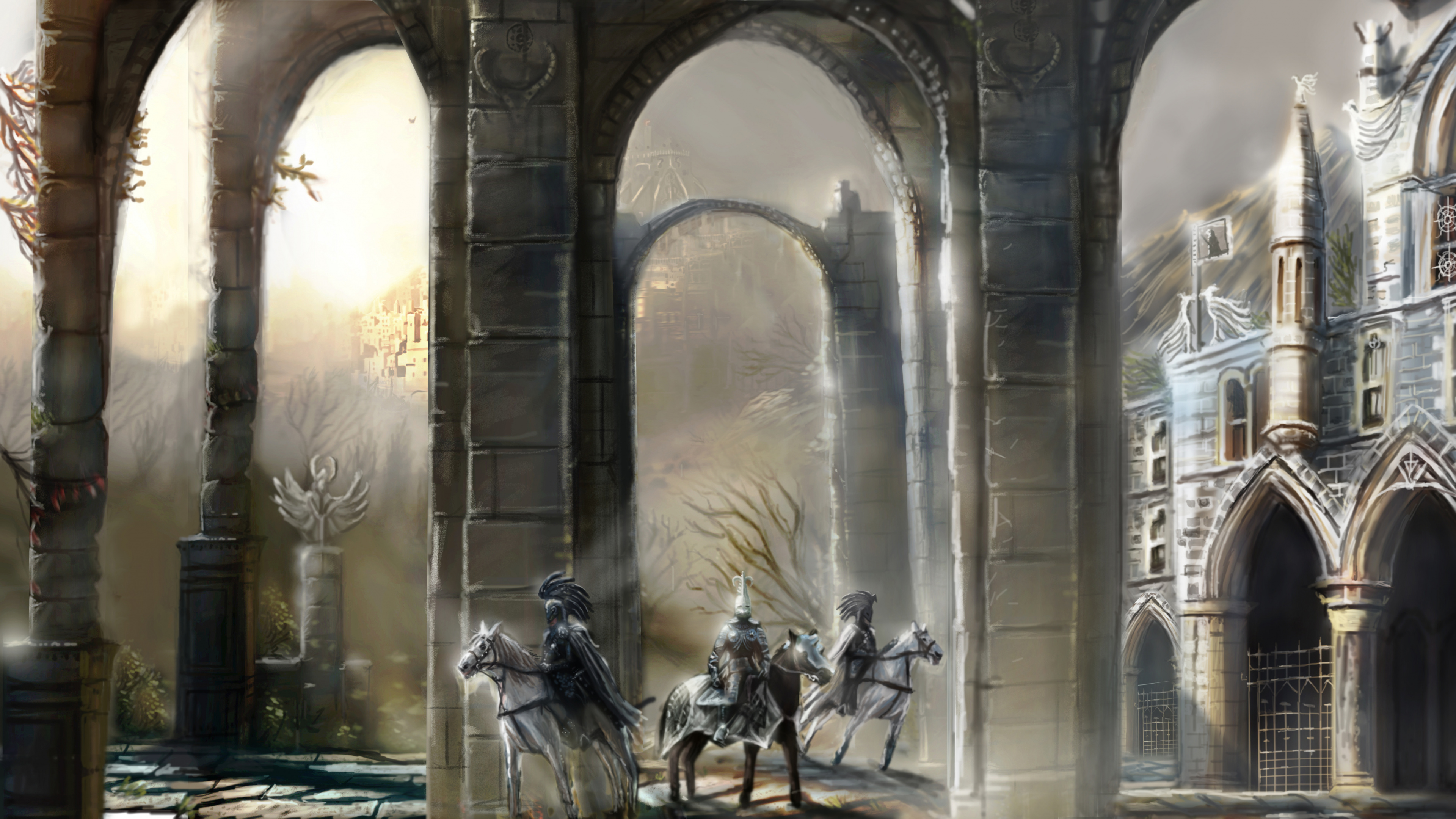 Обои фэнтези, рыцарь, спекулятивная фантастика, святое место, арка в разрешении 3840x2160