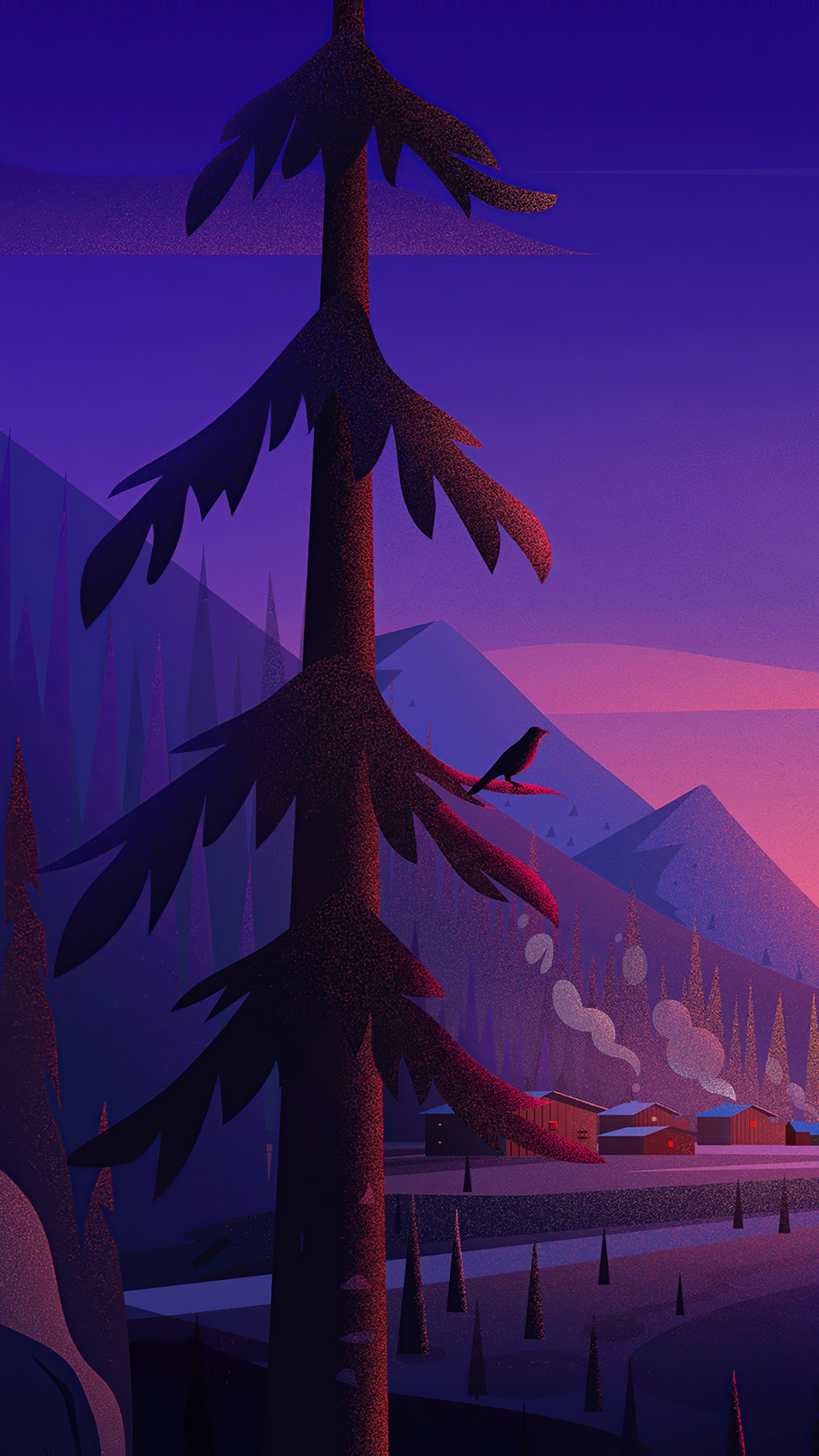 Обои прибрежный город, иллюстрация, сумрак, дерево, анимация в разрешении 1080x1920