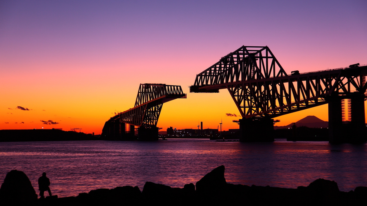 Обои Токио Гейт Бридж, мост Golden Gate, Бруклинский мост, мост, закат в разрешении 1280x720