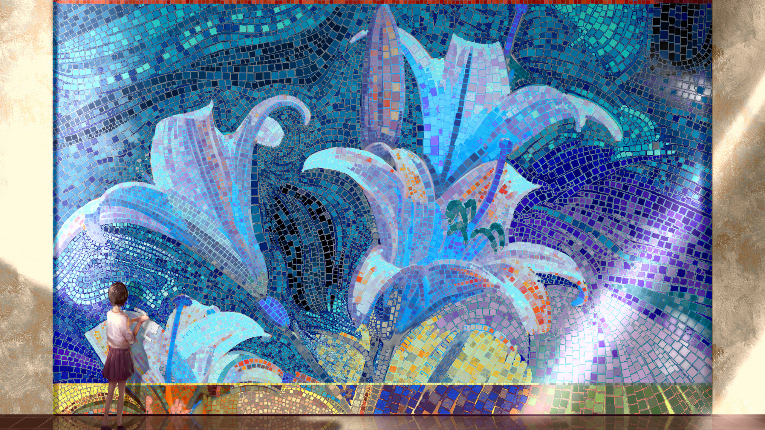 Обои мозаика, синий, арт, живопись, мажорель синий в разрешении 2560x1440