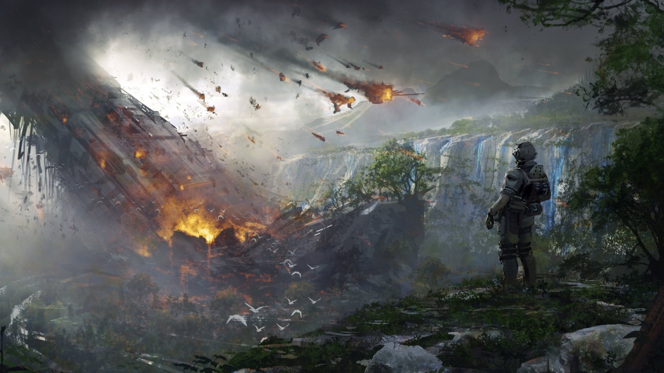 Обои titanfall 2, концепт арт, арт, пожар, цифровое искусство в разрешении 1366x768