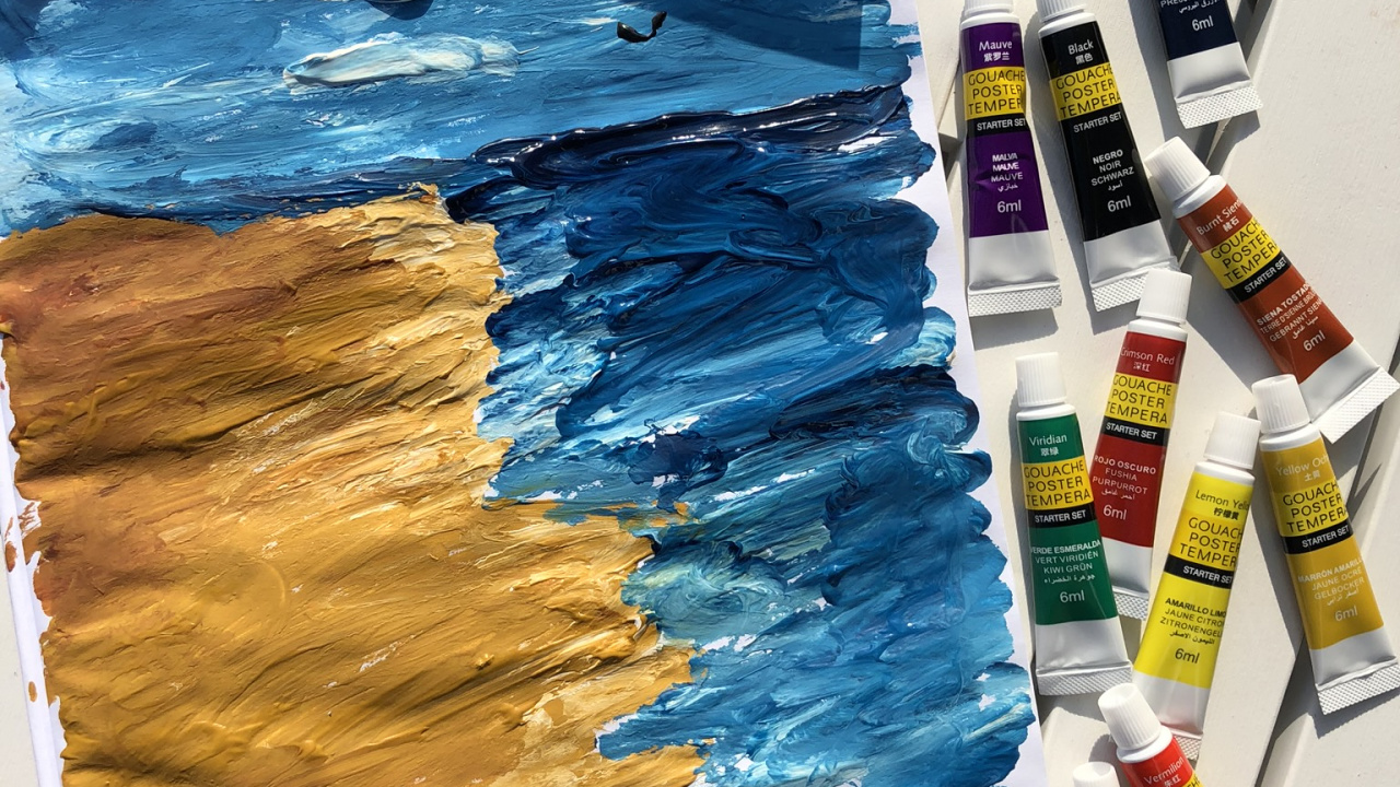 Обои живопись, арт, древесина, синий, архитектура в разрешении 1280x720