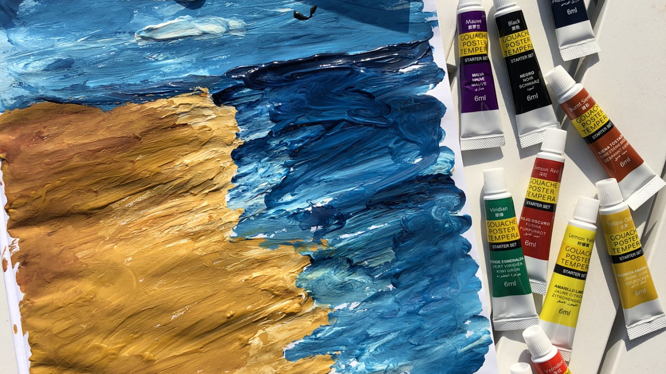 Обои живопись, арт, древесина, синий, архитектура в разрешении 1366x768