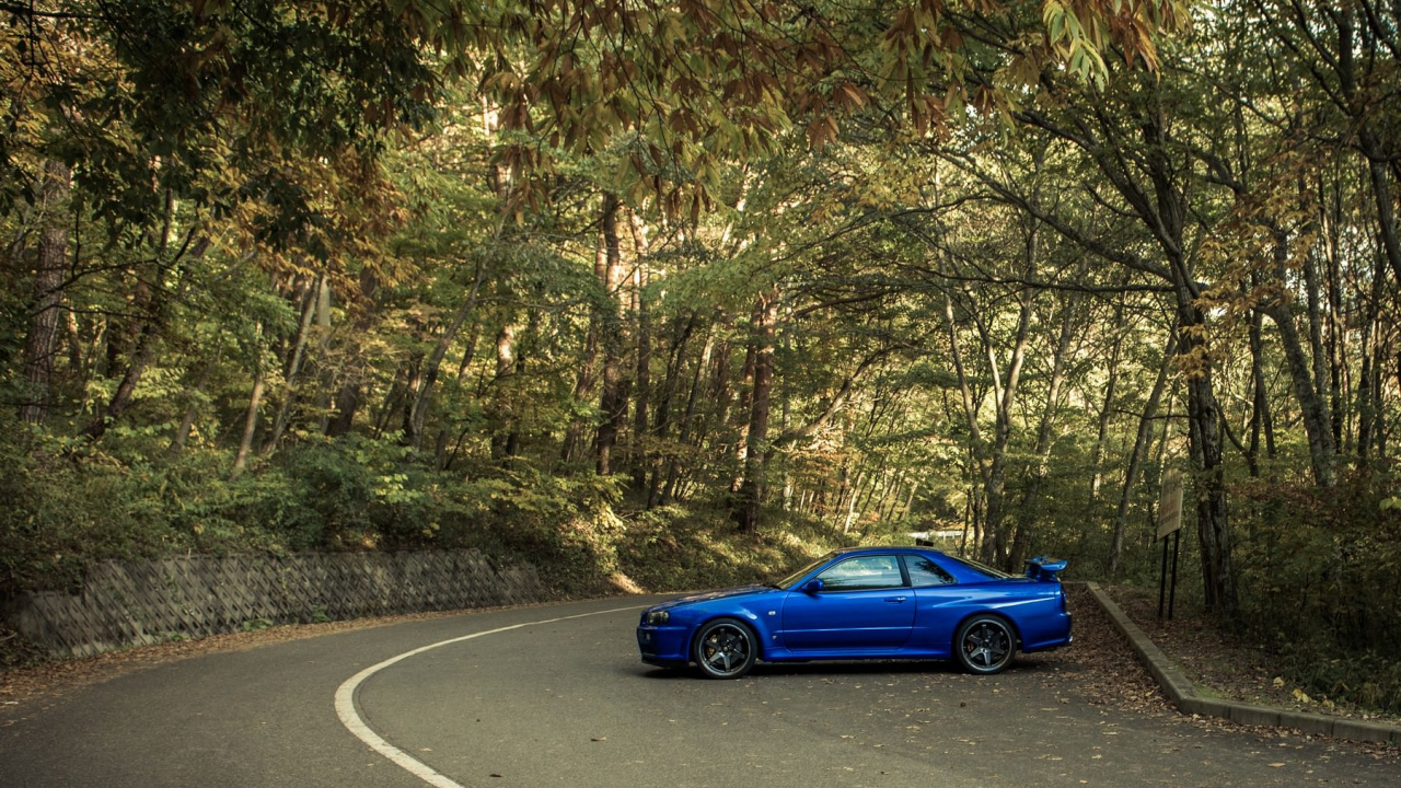 Обои авто, Ниссан, дерево, дорога, древесные растения в разрешении 1280x720
