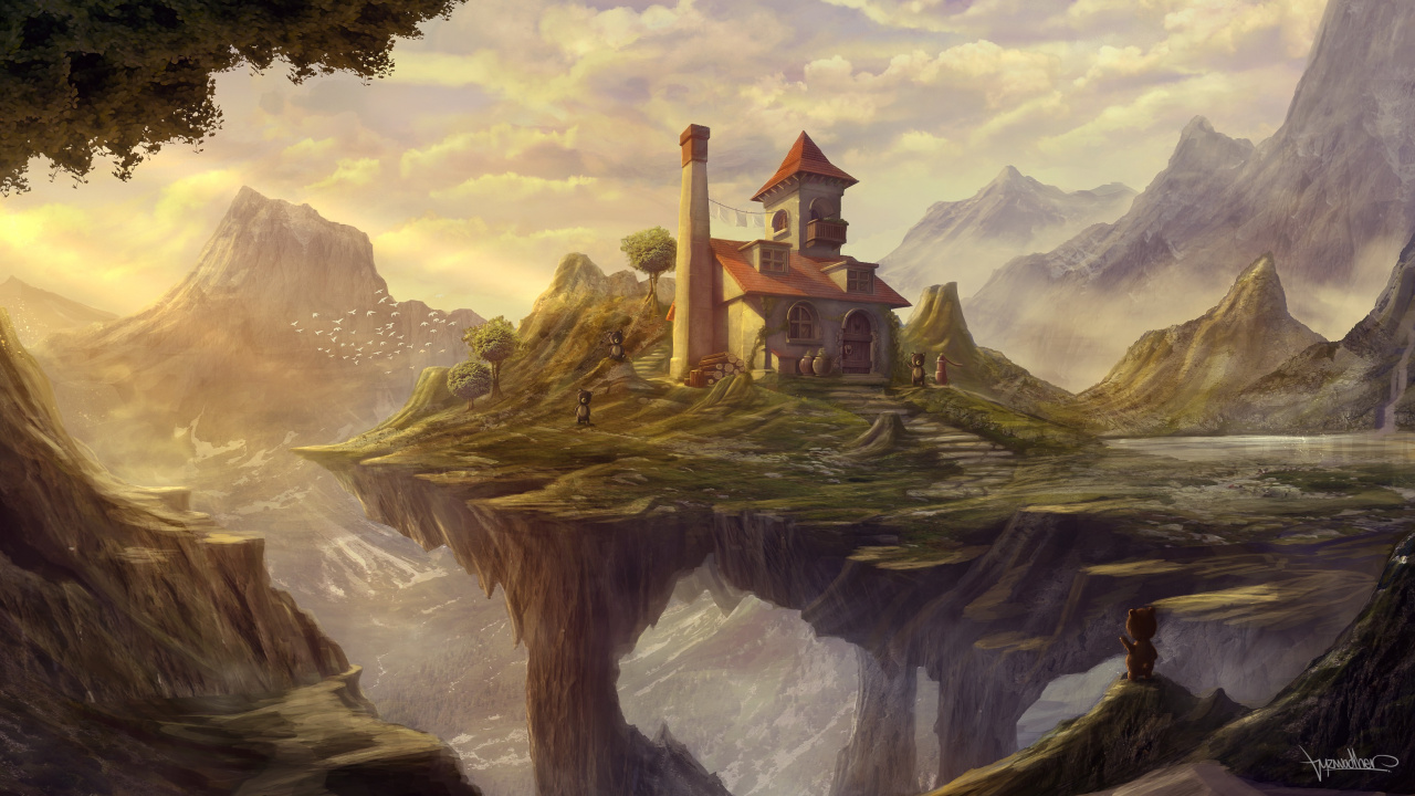 Обои живопись, пейзаж, арт, гора, цифровое искусство в разрешении 1280x720