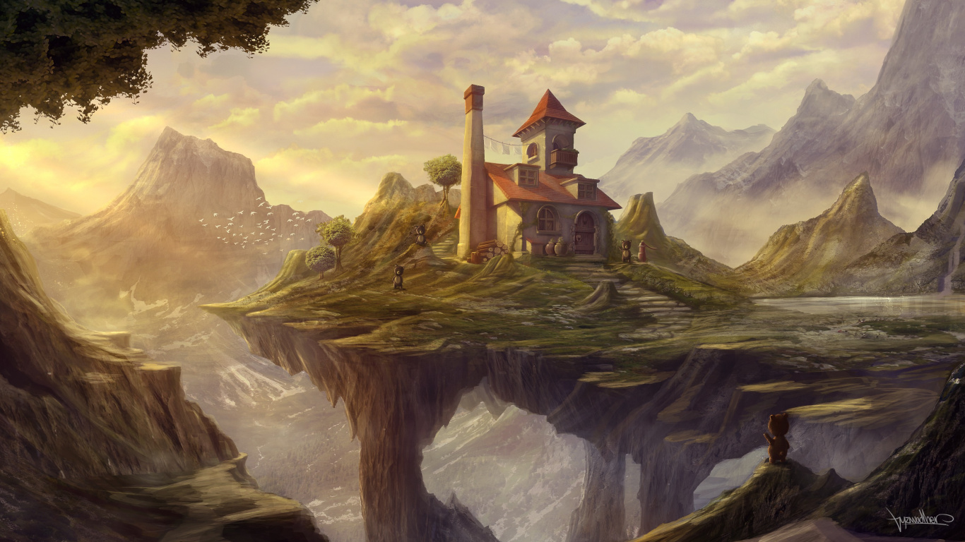 Обои живопись, пейзаж, арт, гора, цифровое искусство в разрешении 1366x768