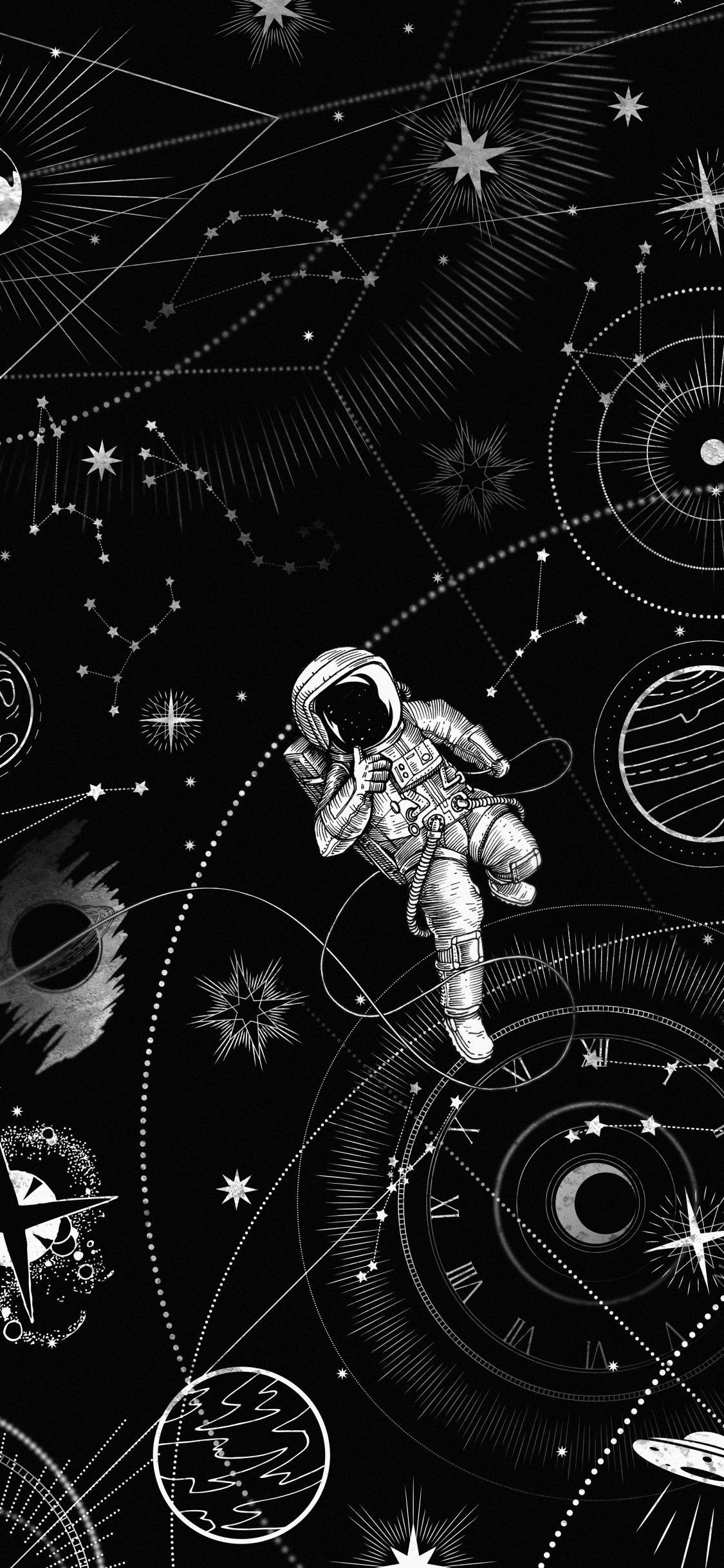 Обои космос, черный, черный и белый, стиль, линия в разрешении 1125x2436