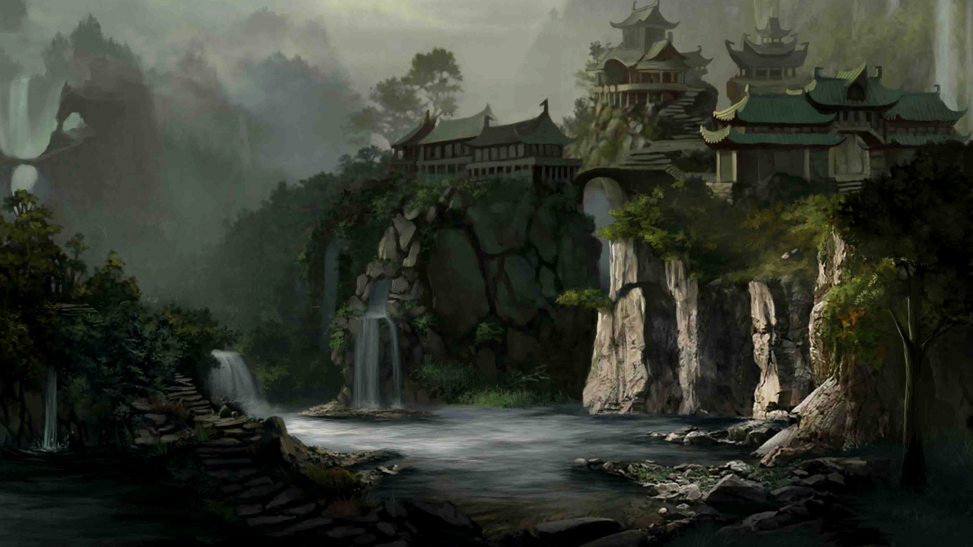 Обои арт, фантастическое искусство, пейзаж, мир фантазий, лес в разрешении 1366x768