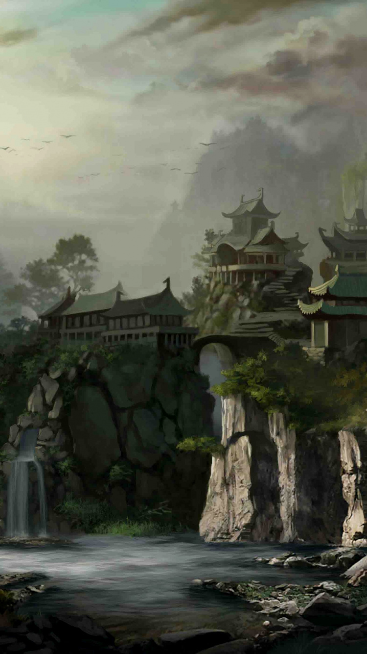 Обои арт, фантастическое искусство, пейзаж, мир фантазий, лес в разрешении 750x1334