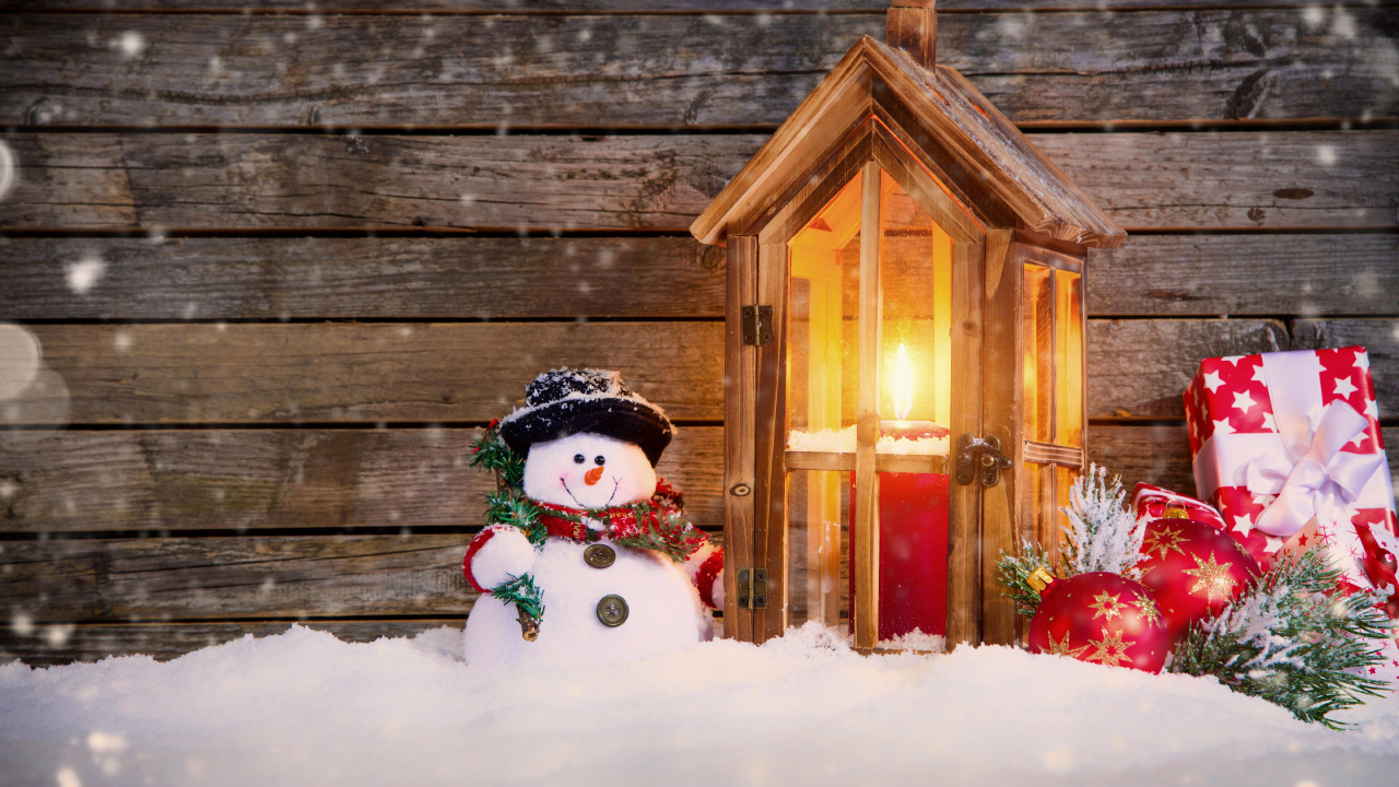 Обои Рождественский день, Снеговик, Рождественские украшения, рождественский орнамент, снег в разрешении 1280x720