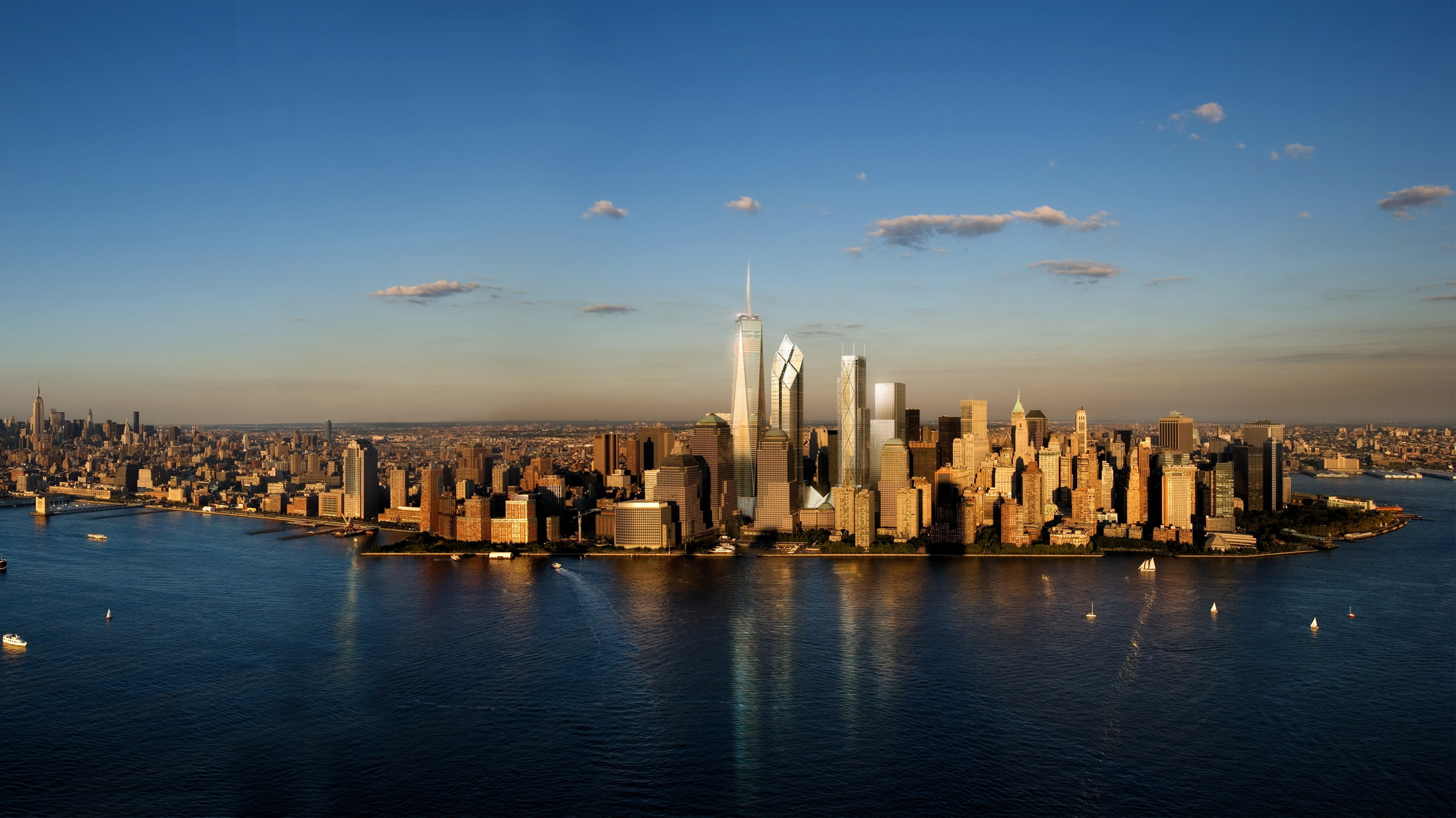 Обои Всемирный торговый центр 1, небоскреб, вода, линия горизонта, город в разрешении 2560x1440