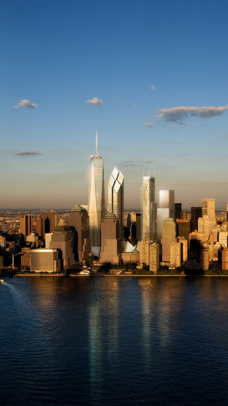 Обои Всемирный торговый центр 1, небоскреб, вода, линия горизонта, город в разрешении 750x1334