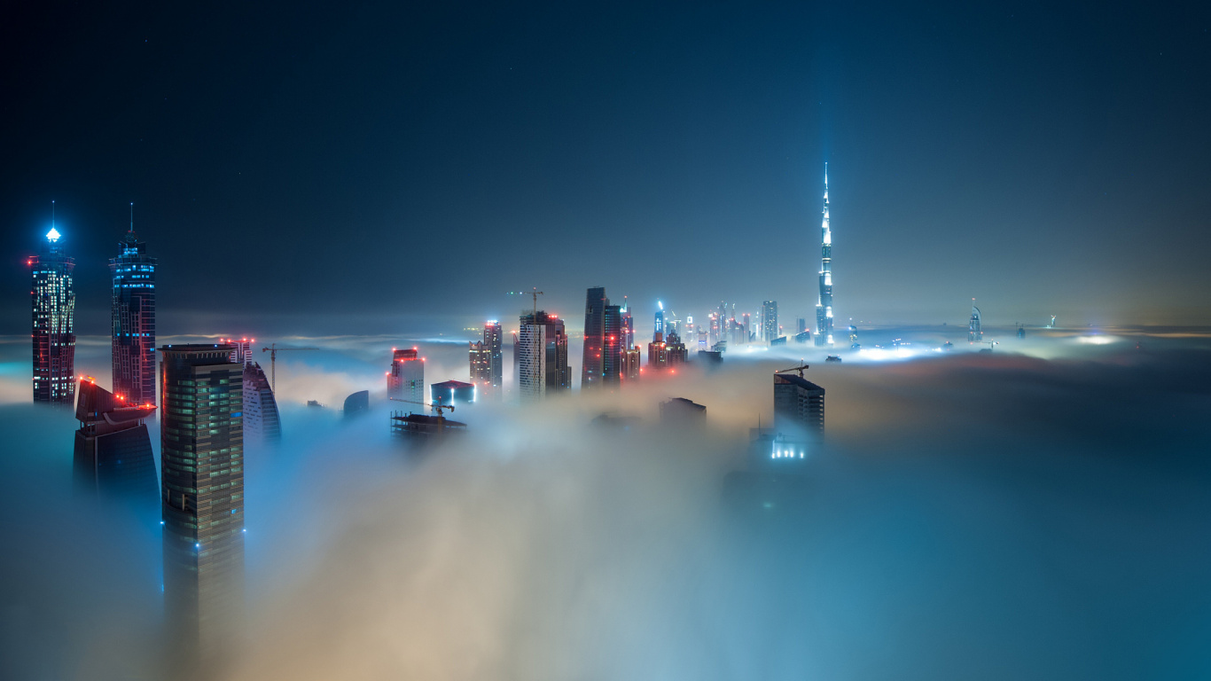 Обои Бурдж Халифа, небоскреб, облако, вода, город в разрешении 1366x768