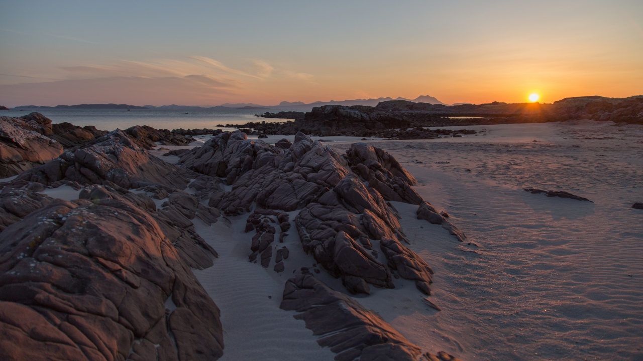 Обои море, побережье, закат, горизонт, берег в разрешении 1280x720