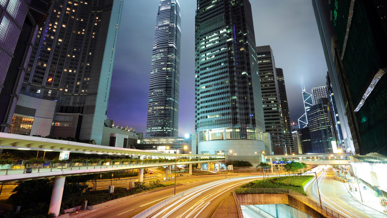 Обои Гонконг, ночь, город, метрополия, городской пейзаж в разрешении 1280x720