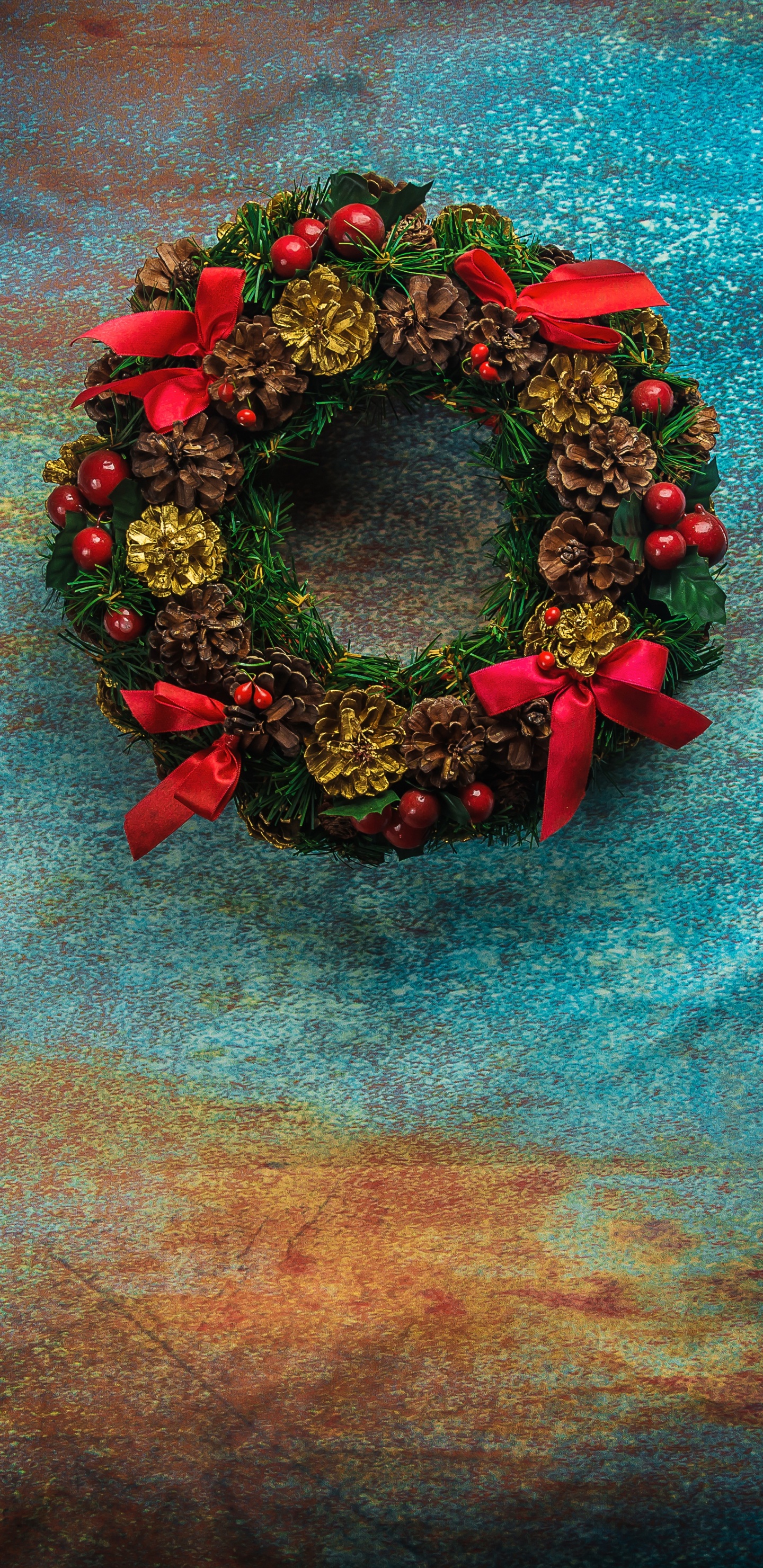 Обои Рождество, живопись, венок, Новый год, натюрморт в разрешении 1440x2960