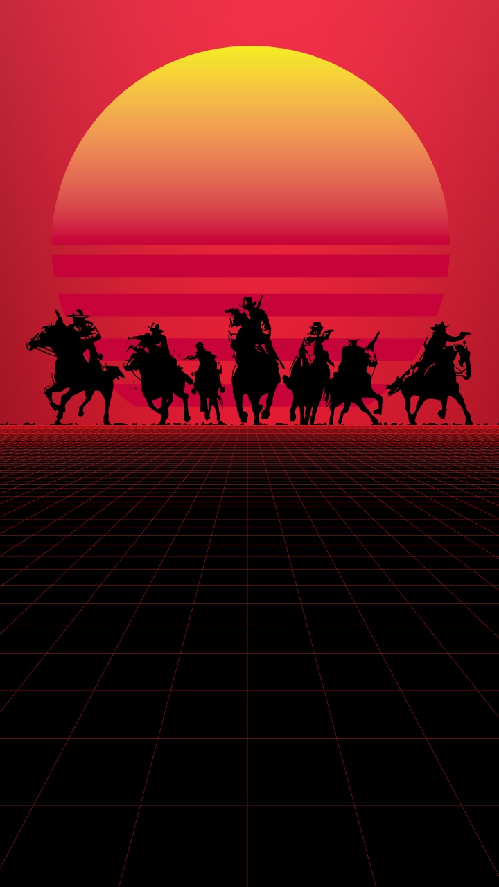 Обои red dead redemption, red dead redemption 2, красный цвет, конь, силуэт в разрешении 720x1280