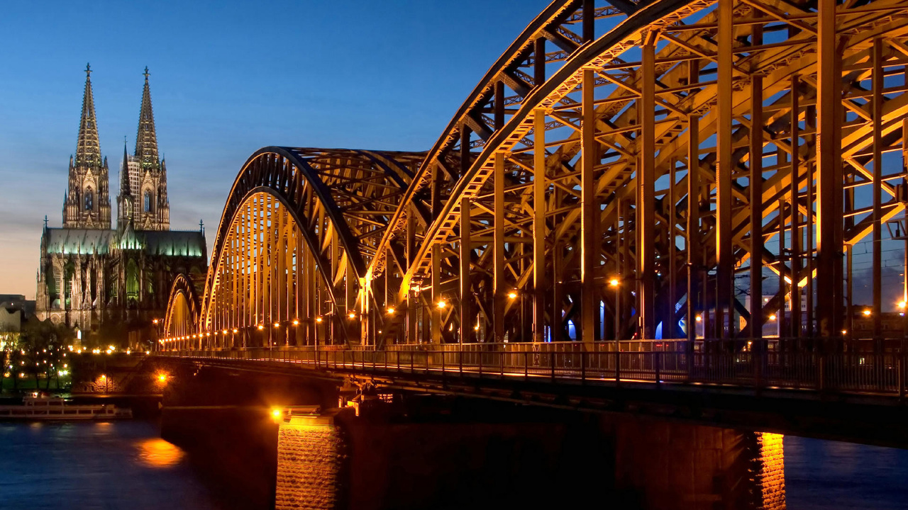 Обои мост, ориентир, ночь, отражение, освещение в разрешении 1280x720