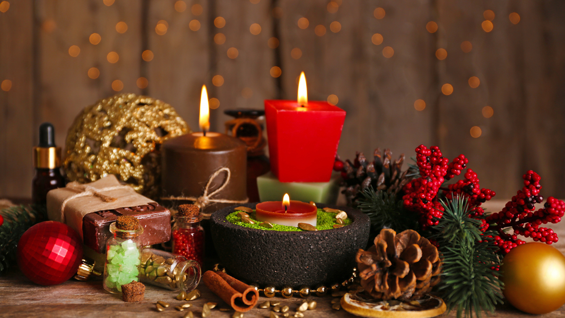 Обои Рождественские украшения, свеча, натюрморт, освещение, Рождество в разрешении 1920x1080